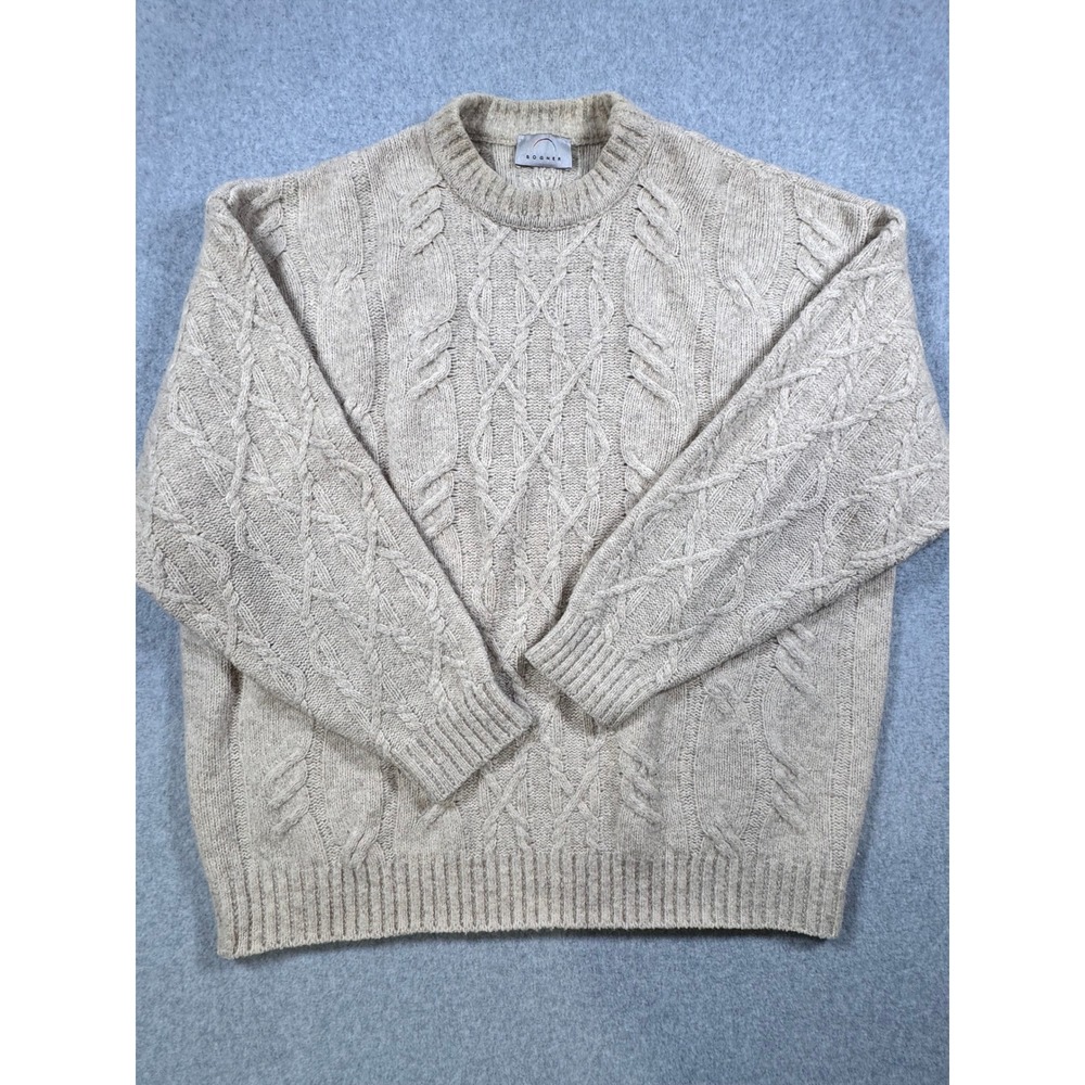 Bogner Mens Beige Cable Knit Merino Wool Blend Crew Neck Sweater Italy 52